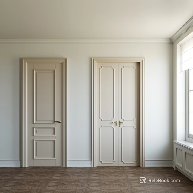 Cream White Hinged Doors With Decorative Panels In Light Wall Interior 3d model 