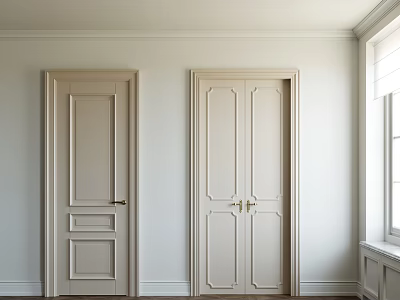 Cream White Hinged Doors With Decorative Panels In Light Wall Interior 3d model