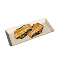 Two Delicious Glazed Pastries With Dark Filling On White Rectangular Plate