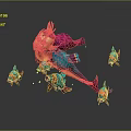 Vibrant Game and Movie Character with Pink Hair Green Body Swimming with Colorful Small Fish