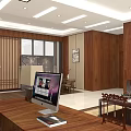 Chinese Style Office Interior With Wooden Bookshelf Desk Table Lamp Decorative Painting And Windows