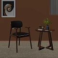 Wooden Dining Chair With Black Leather Back And Seat Armrests Round Table Green Plant