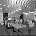 Modern Office Workspace with Cubicles Computers Large Windows People Working and Ceiling Lighting