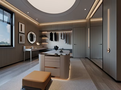 Modern Luxury Walk in Closet Interior With Round Ceiling Mirror Hanging Clothes And Dressing Table 3d model