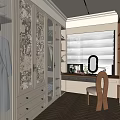 Luxurious Walk in Closet with White Cabinets Patterned Glass Doors Drawers and Herringbone Wooden Floor