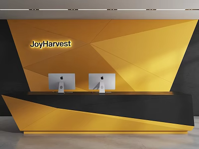 Yellow Geometric Pattern Background Wall With JoyHarvest Logo And Black Reception Desk Two Apple Computers 3d model