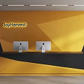 Yellow Geometric Pattern Background Wall With JoyHarvest Logo And Black Reception Desk Two Apple Computers 3d model