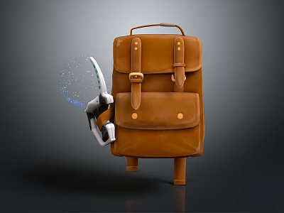 Brown Leather Backpack With Metal Buckles And Mechanical Arm Interaction On Dark Background 3d model