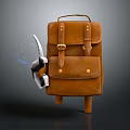 Brown Leather Backpack With Metal Buckles And Mechanical Arm Interaction On Dark Background