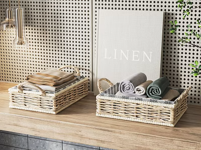 Set of Woven Storage Baskets with Folded Linens and Rolled Towels on Wooden Countertop 3d model