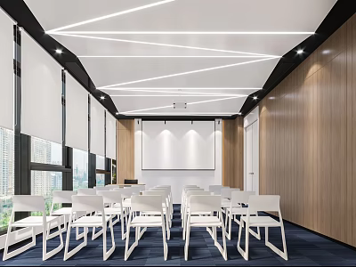Modern Conference Room With White Chairs Projection Screen Wooden Walls Geometric Ceiling And Large Windows 3d model