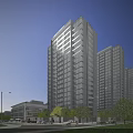 Modern High Rise Residential Building with Glass Curtain Walls Surrounded by Trees Streetlights and Cars