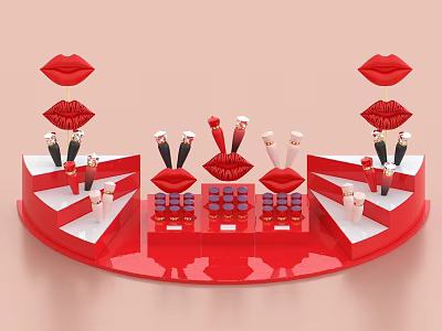 Red And White Perfume Cosmetics Display Stand With Lip Shaped Decorations And Lipsticks 3d model