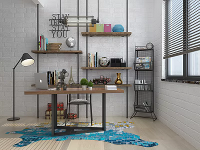 Modern Industrial Desk Workspace With Bookshelves Globe Laptop Plants Floor Lamp And Blinds 3d model