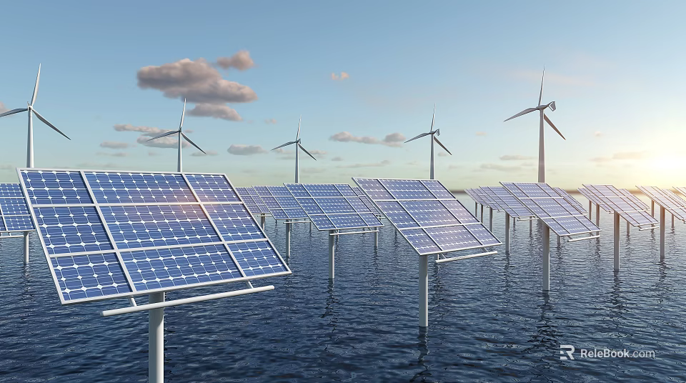 Household Appliances Powered by Solar Panels and Wind Turbines on Water Surface 3d model 