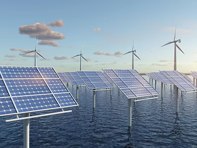 Household Appliances Powered by Solar Panels and Wind Turbines on Water Surface 3d model