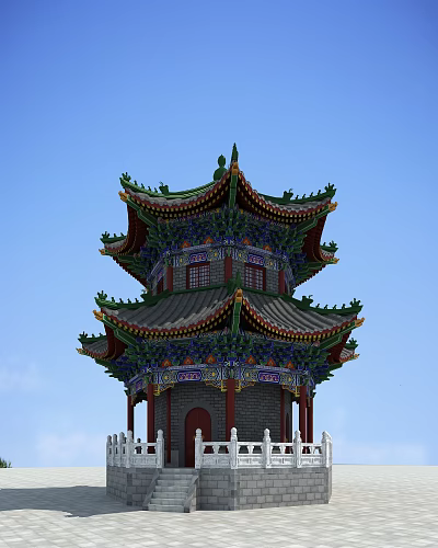 Traditional Chinese Pagoda With Multi Tiered Roof And Colorful Decorations Against Blue Sky 3d model