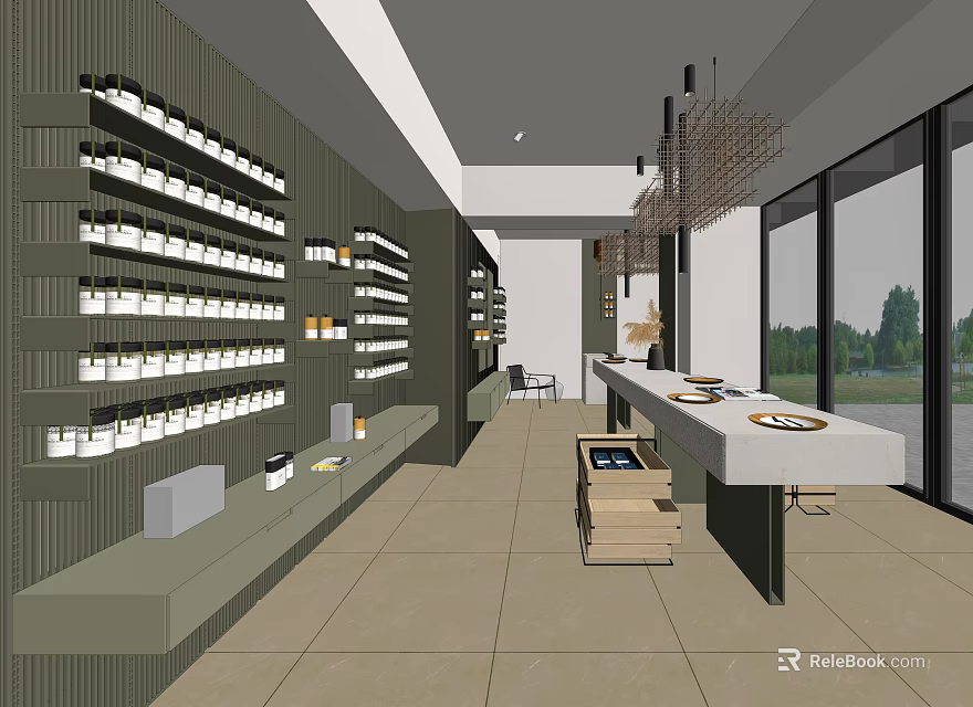 Specialty Store Interior Design With Shelves Displayed Products And Natural Light From Large Windows 3d model 