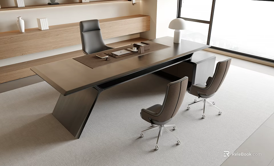 Modern Office Desk And Chair Set With Dark Wood Top Gray Seats And Metal Casters 3d model 