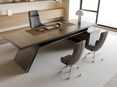 Modern Office Desk And Chair Set With Dark Wood Top Gray Seats And Metal Casters 3d model
