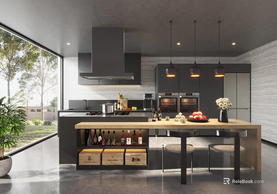 Modern Kitchen Interior With Wooden Island Pendant Lights Wine Crates And Large Windows 3d model 