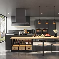 Modern Kitchen Interior With Wooden Island Pendant Lights Wine Crates And Large Windows