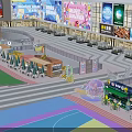 Vibrant Commercial Street Featuring Colorful Billboards Outdoor Seating Evening Lighting and Shopfronts