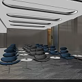Modern Meeting Room Interior With Blue Gray Chairs Round Tables And Minimalist Design
