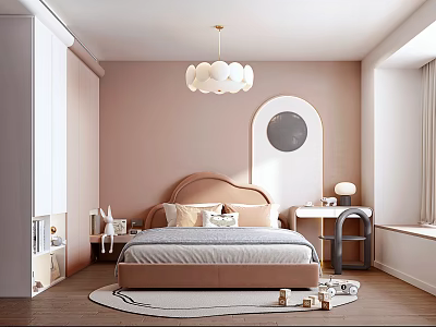 Kids Room Interior Design With Pink Walls Circular Pendant Light Bed Desk And Toys 3d model