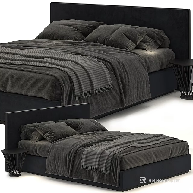 Modern Dark Double Bed With Soft Pillows Cozy Blanket And Nightstand 3d model 