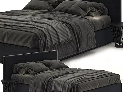 Modern Dark Double Bed With Soft Pillows Cozy Blanket And Nightstand 3d model