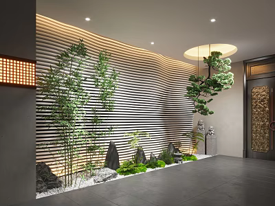 Indoor Zen Landscape With Bamboo Rock Formations And Wooden Slat Wall 3d model
