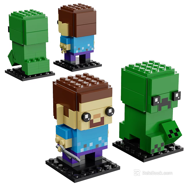 Minecraft Style Building Blocks Characters With Sword Green Monster And Blue Outfit 3d model 
