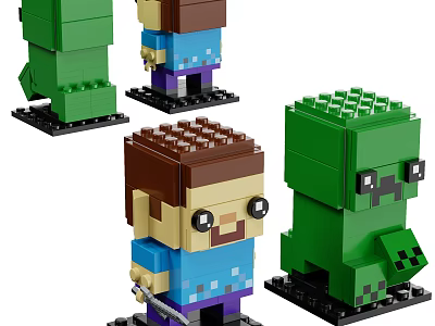 Minecraft Style Building Blocks Characters With Sword Green Monster And Blue Outfit 3d model