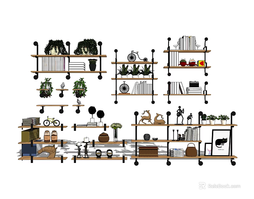 Stylish Wall Cabinets With Open Shelves Books Plants And Decor For Home Interior 3d model 