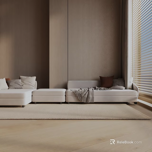 Modern White Three Seater Sofa Living Room Interior With Wooden Walls Throw Pillows And Blanket 3d model 