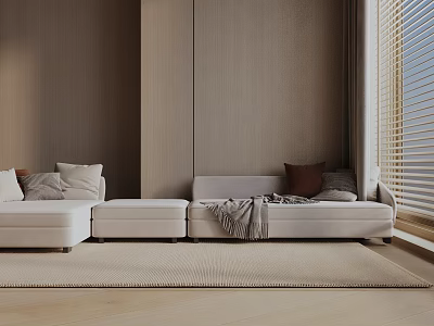 Modern White Three Seater Sofa Living Room Interior With Wooden Walls Throw Pillows And Blanket 3d model
