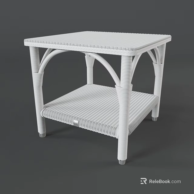 White Wicker Side Table With Two Tier Design And Arched Legs For Modern Living Room 3d model 