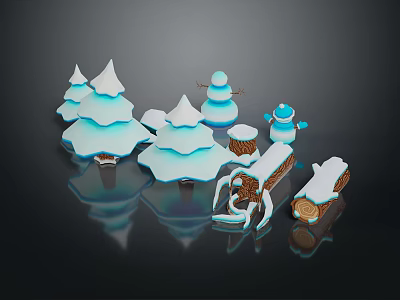 Cartoon Winter Scene With Snowmen Snow Covered Trees Snow Piles Wood Logs And Gingerbread Man 3d model