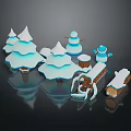 Cartoon Winter Scene With Snowmen Snow Covered Trees Snow Piles Wood Logs And Gingerbread Man