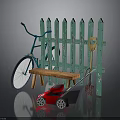 Colorful Outdoor Garden Scene With Green Fence Bicycle Bench Red Lawnmower And Shovel
