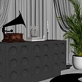 Vintage Gramophone On Dark Cabinet With Circular Motifs Sheer Curtains And Large Potted Plant
