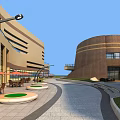 Modern Commercial Street District With Green Roof Buildings And Waterfront Area