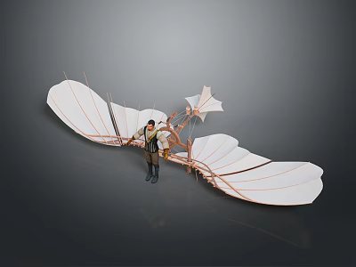 Early Human Powered Flying Machine With White Wings Wooden Frame And Person Standing 3d model