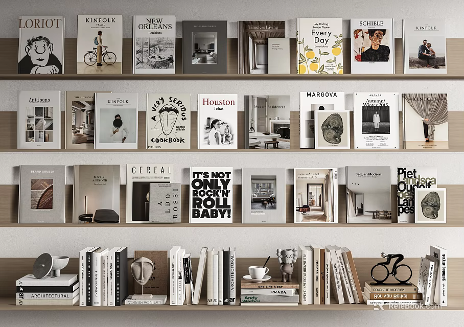 Books And Magazines Arranged On Shelves With Diverse Covers And Decorative Items 3d model 