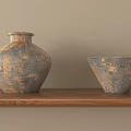 Gray Blue Ceramic Vessels Vase and Bowl on Wooden Shelf with Gold Patterns