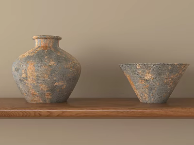 Gray Blue Ceramic Vessels Vase and Bowl on Wooden Shelf with Gold Patterns 3d model