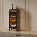 Black Glass Door Sideboard with Plates Oranges and Cups on Light Wall Wooden Floor