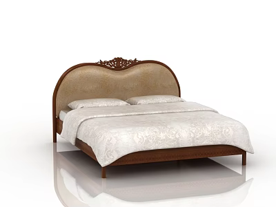 Elegant Double Bed Featuring Carved Beige Headboard Brown Frame And White Patterned Bedspread 3d model