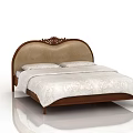 Elegant Double Bed Featuring Carved Beige Headboard Brown Frame And White Patterned Bedspread 3d model